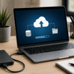 Software de copia de seguridad automática protegiendo archivos importantes en un ordenador y almacenamiento en la nube.