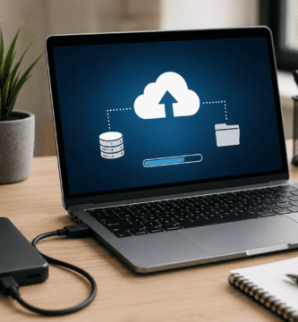 Software de copia de seguridad automática protegiendo archivos importantes en un ordenador y almacenamiento en la nube.