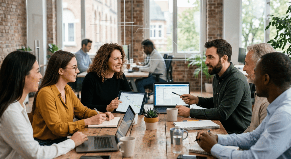 Equipo de profesionales en una oficina moderna colaborando y analizando gráficos de gestión de proyectos en una laptop y tablet.