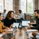Equipo de profesionales en una oficina moderna colaborando y analizando gráficos de gestión de proyectos en una laptop y tablet.