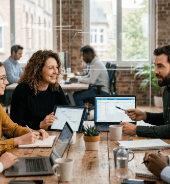 Equipo de profesionales en una oficina moderna colaborando y analizando gráficos de gestión de proyectos en una laptop y tablet.